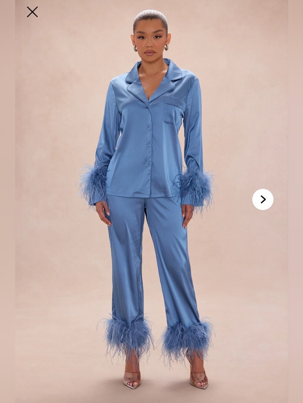 Fashion Nova Luxe Womem feathered Satin Pant Set Slate Blue